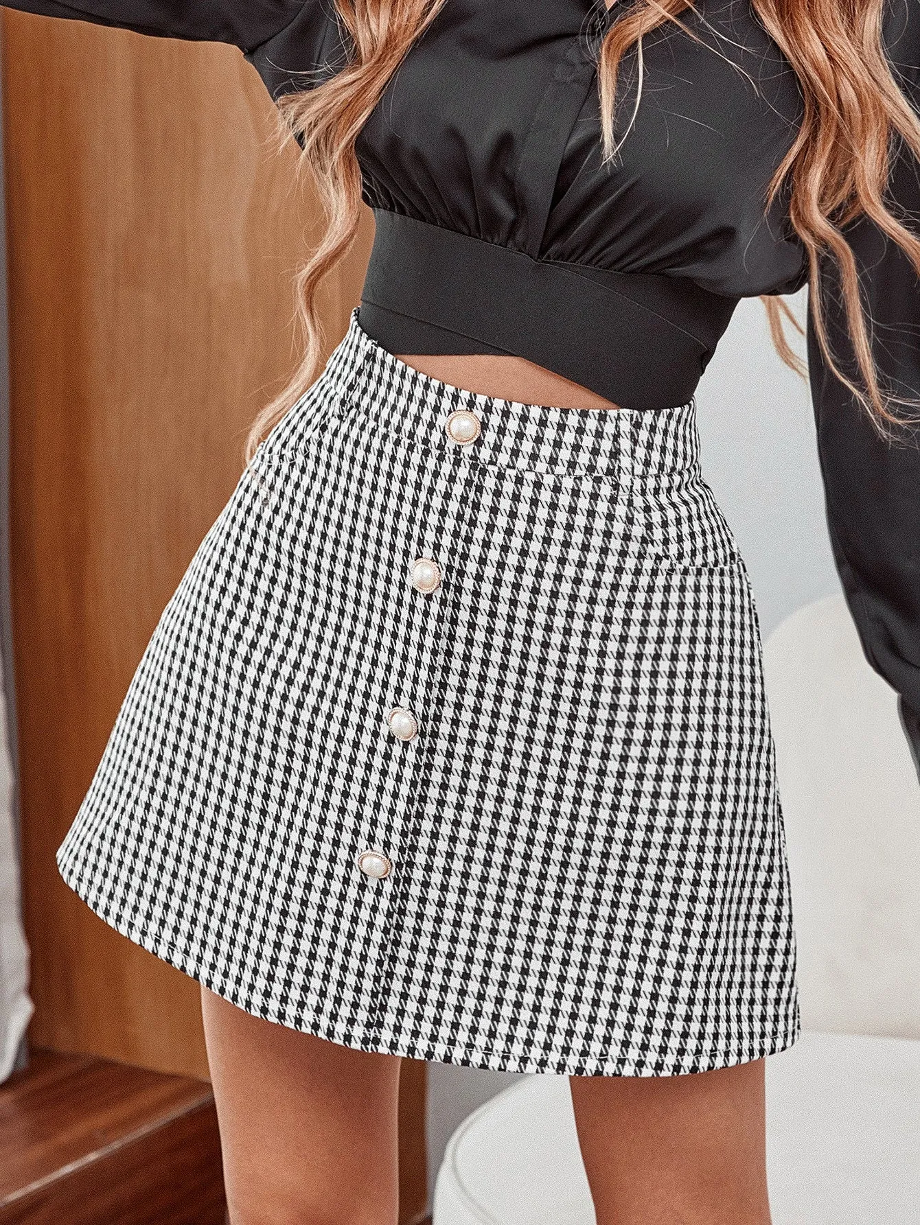 Elegant Houndstooth Button High Waist Mini Women Skirt