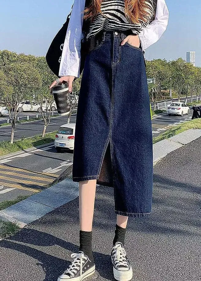 Elegant Navy Side Open Asymmetrical Pocket Cotton Denim Wraped Skirts Summer