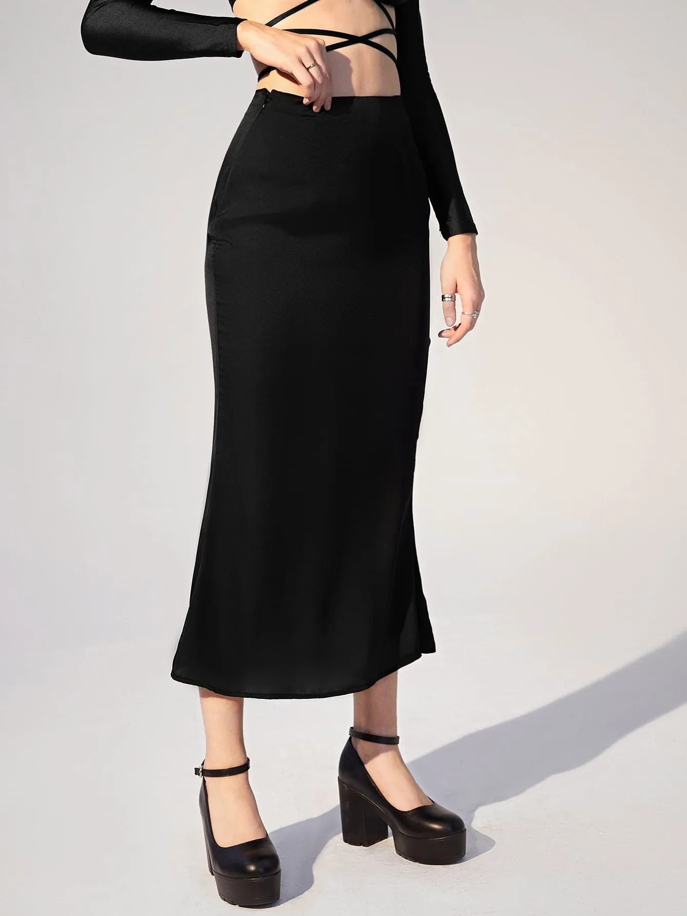 Elegant Plain Zipper High Waist Long Women Skirts