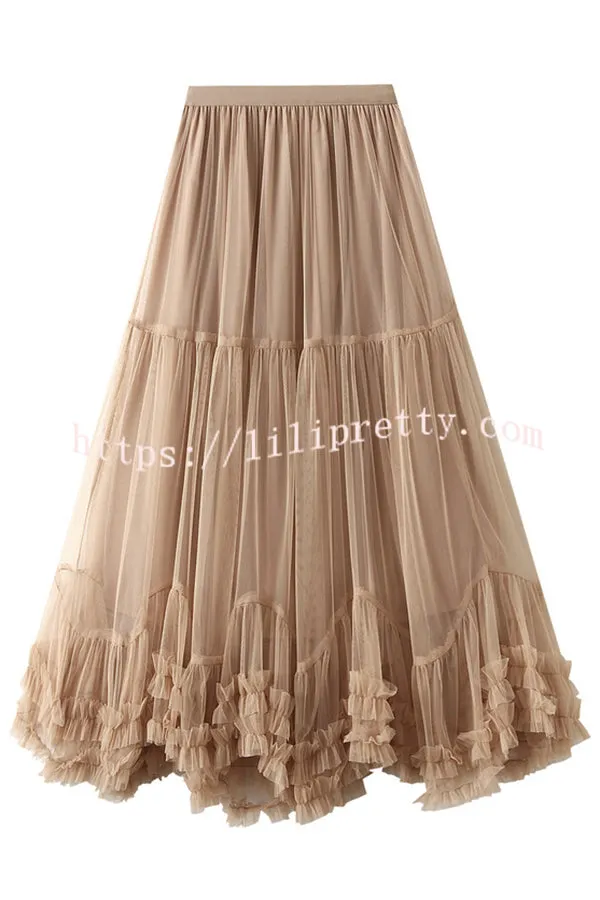 Elegant Tulle Stretch Waist Paneled Pleated Maxi Skirt