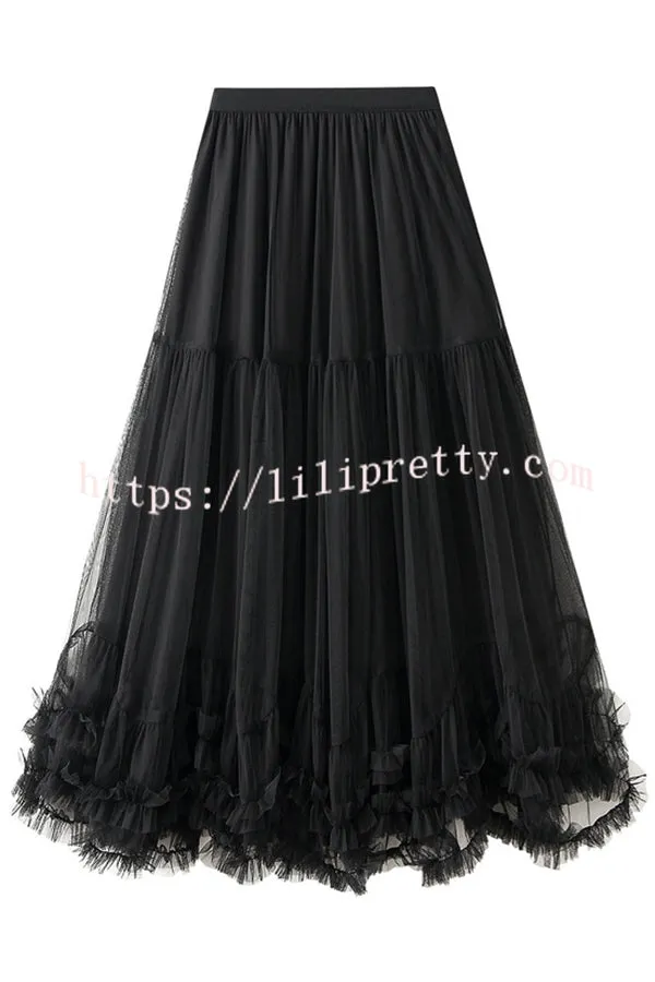 Elegant Tulle Stretch Waist Paneled Pleated Maxi Skirt