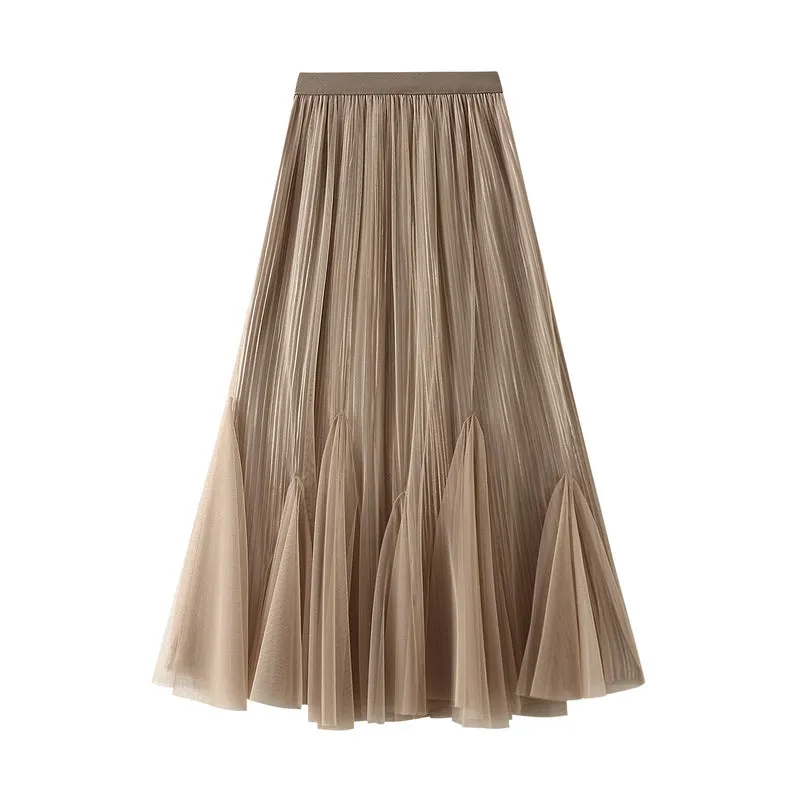 Fall Retro Falling Gauze Skirt Slimming Large Hem Fishtail Skirt Women A line Brown Skirt