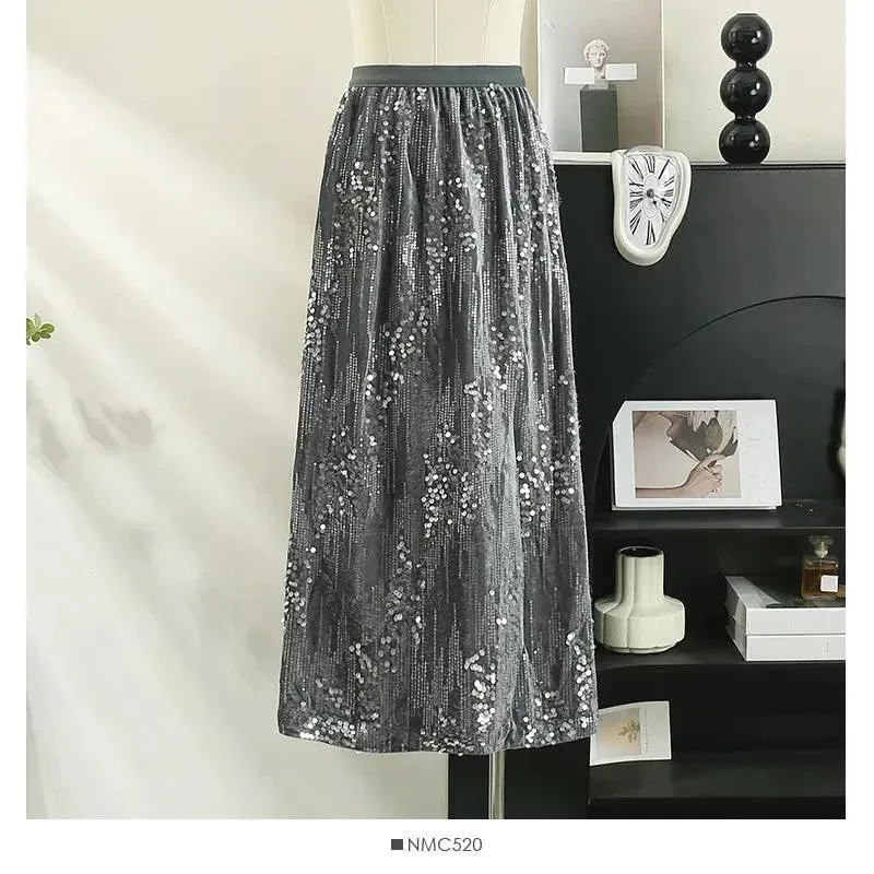 Fashion Women's Sequined A-Line Skirt High Waist Mid Length