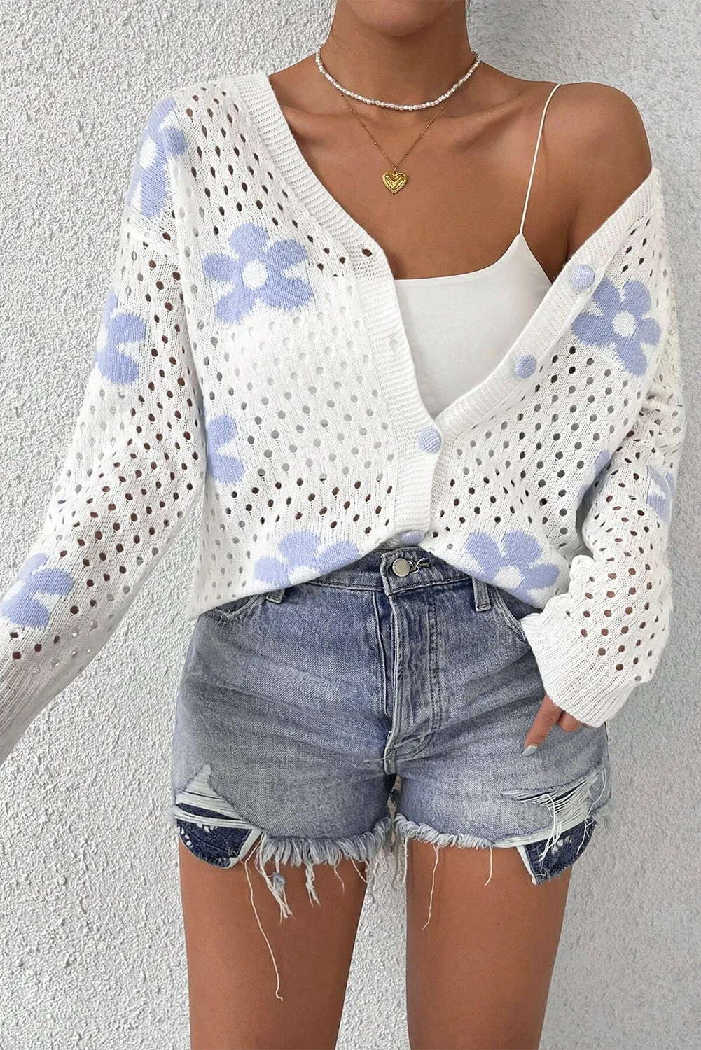 Floral Hollowed Knit Buttoned Cardigan