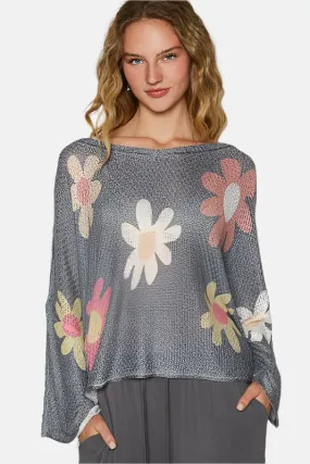 Flower Long Sleeve Knit Top Charcoal