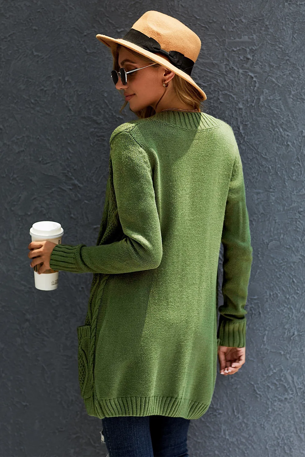 Green Front Pocket and Buttons Closure Cardigan