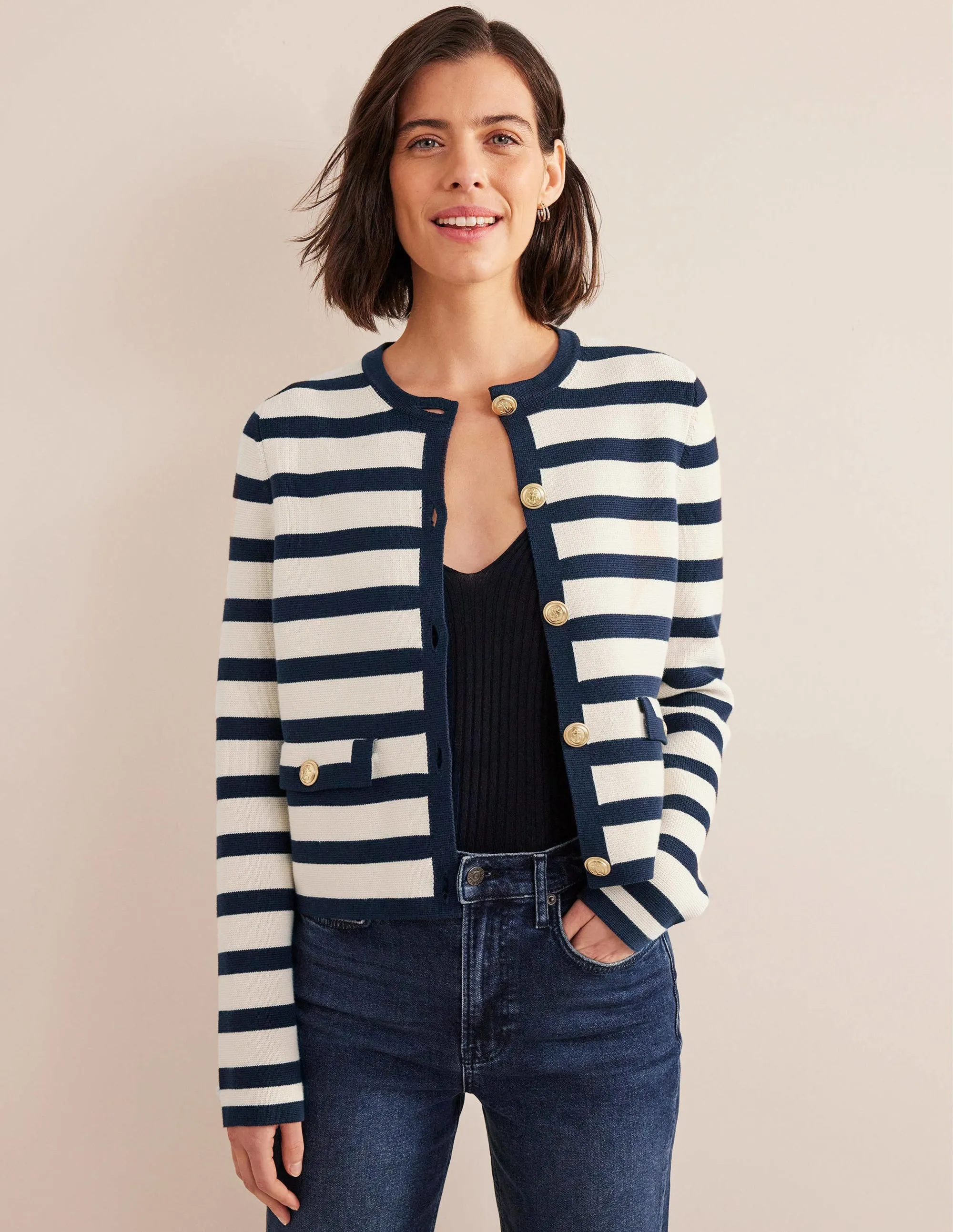 Holly Knitted Jacket-Ivory, Navy Stripe