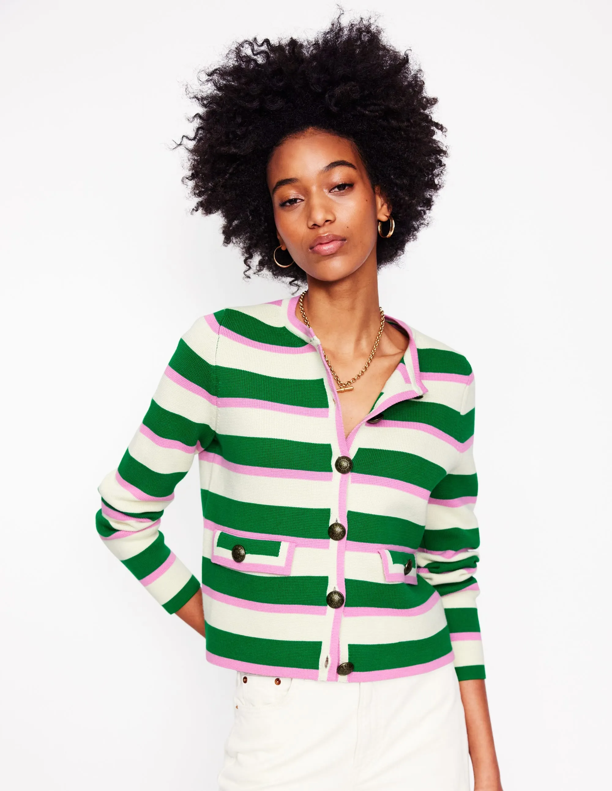 Holly Knitted Jacket-Rich Emerald, Pink Stripe