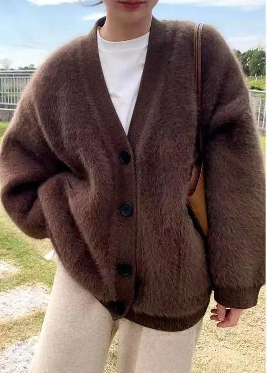 Italian Chocolate V Neck Pockets Warm Mink Hair Knitted Cardigans Winter