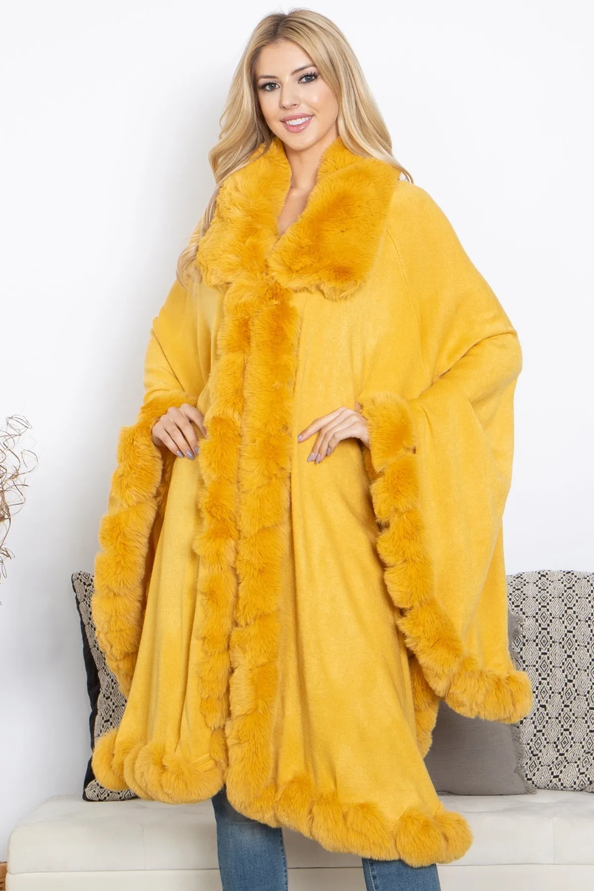 KNEE LENGTH FAUX FUR FUZZY WARM COAT PONCHO