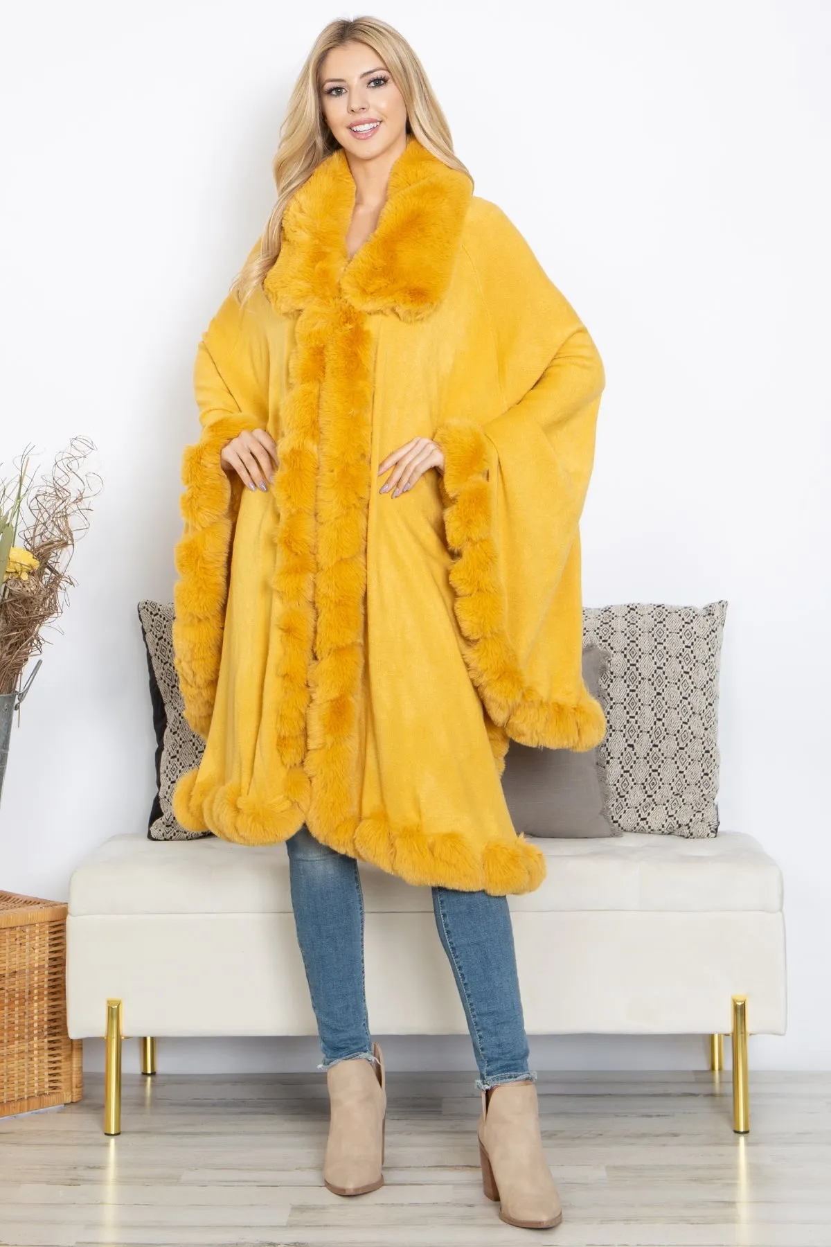 KNEE LENGTH FAUX FUR FUZZY WARM COAT PONCHO