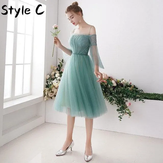 Knee Length O Neck Green Appliques Lace Shorter Sleeve A-line Bridesmaid Dresses