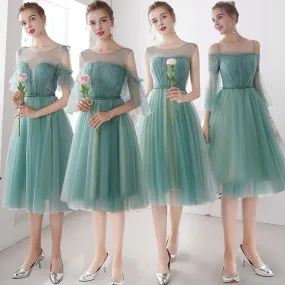 Knee Length O Neck Green Appliques Lace Shorter Sleeve A-line Bridesmaid Dresses