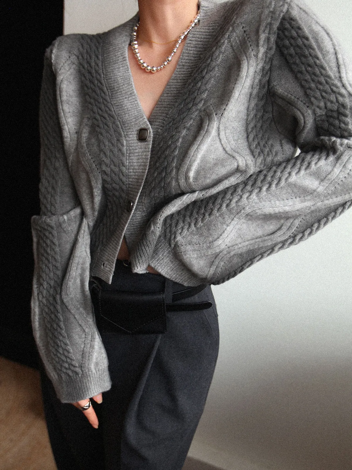 Knit Cable Graceful Button Detail Cardigan