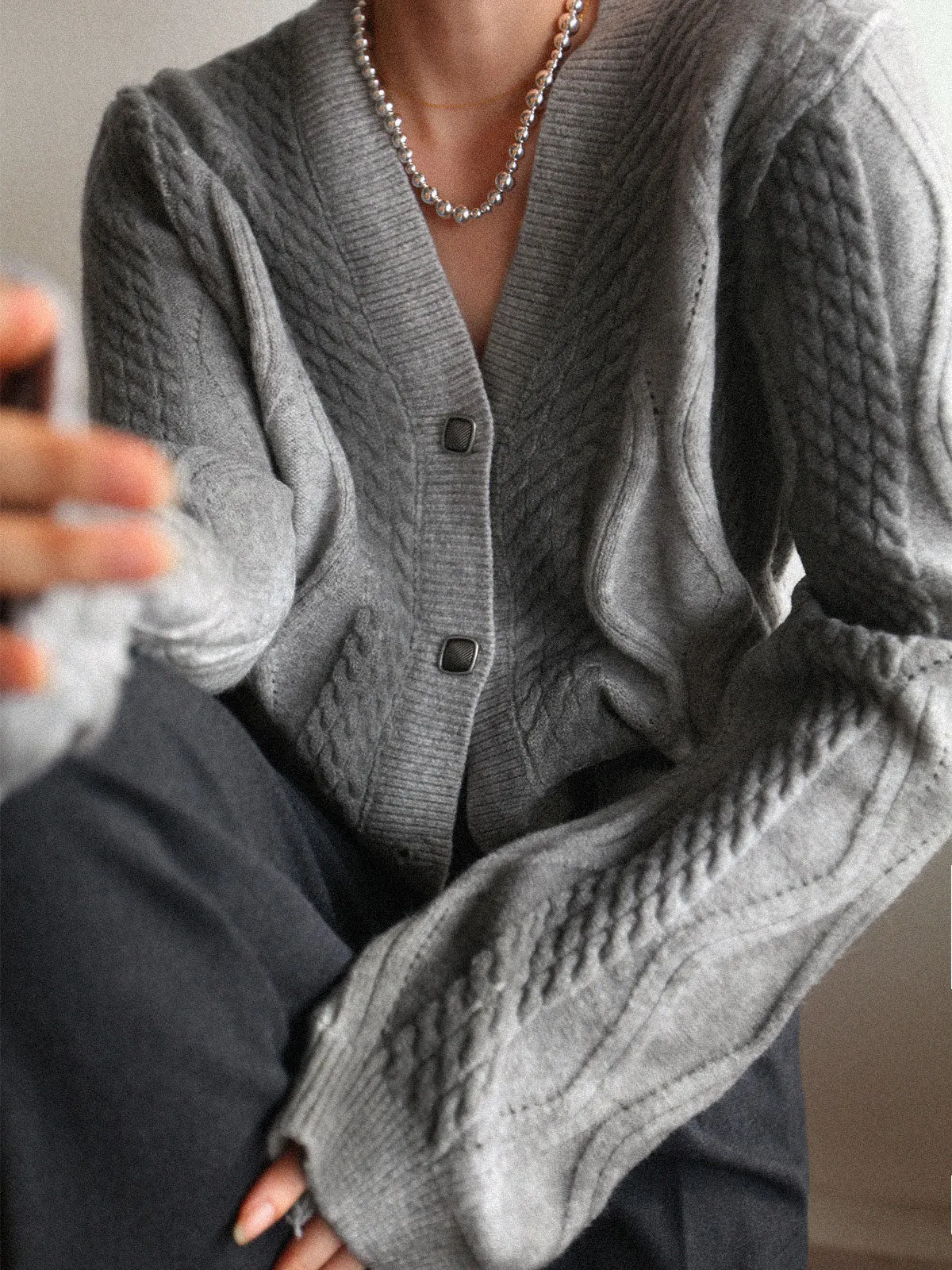 Knit Cable Graceful Button Detail Cardigan