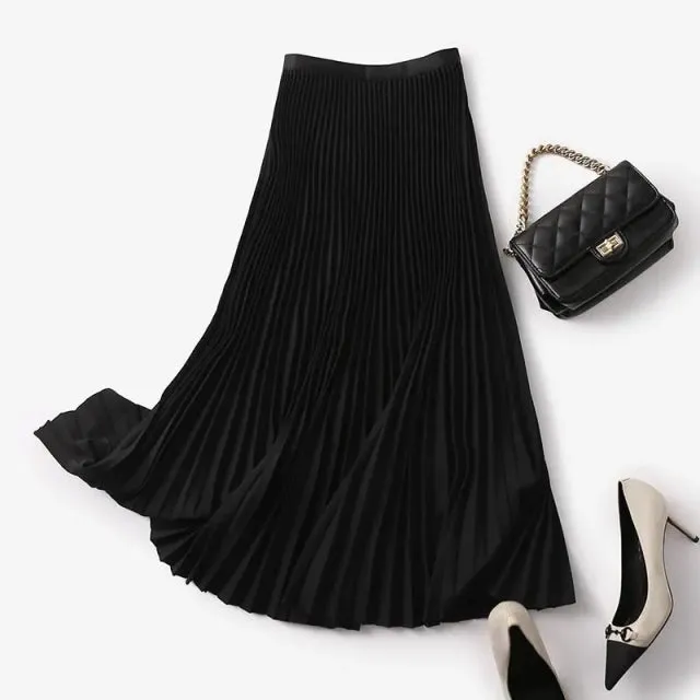 Long Pleated Skirts for Women Chic Elastic Band Elegant Office Ladies Midi Skirt