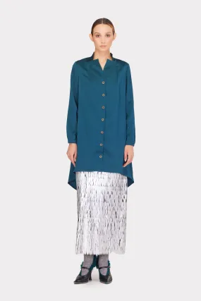 Long Satin Button-Down Blouse Emerald