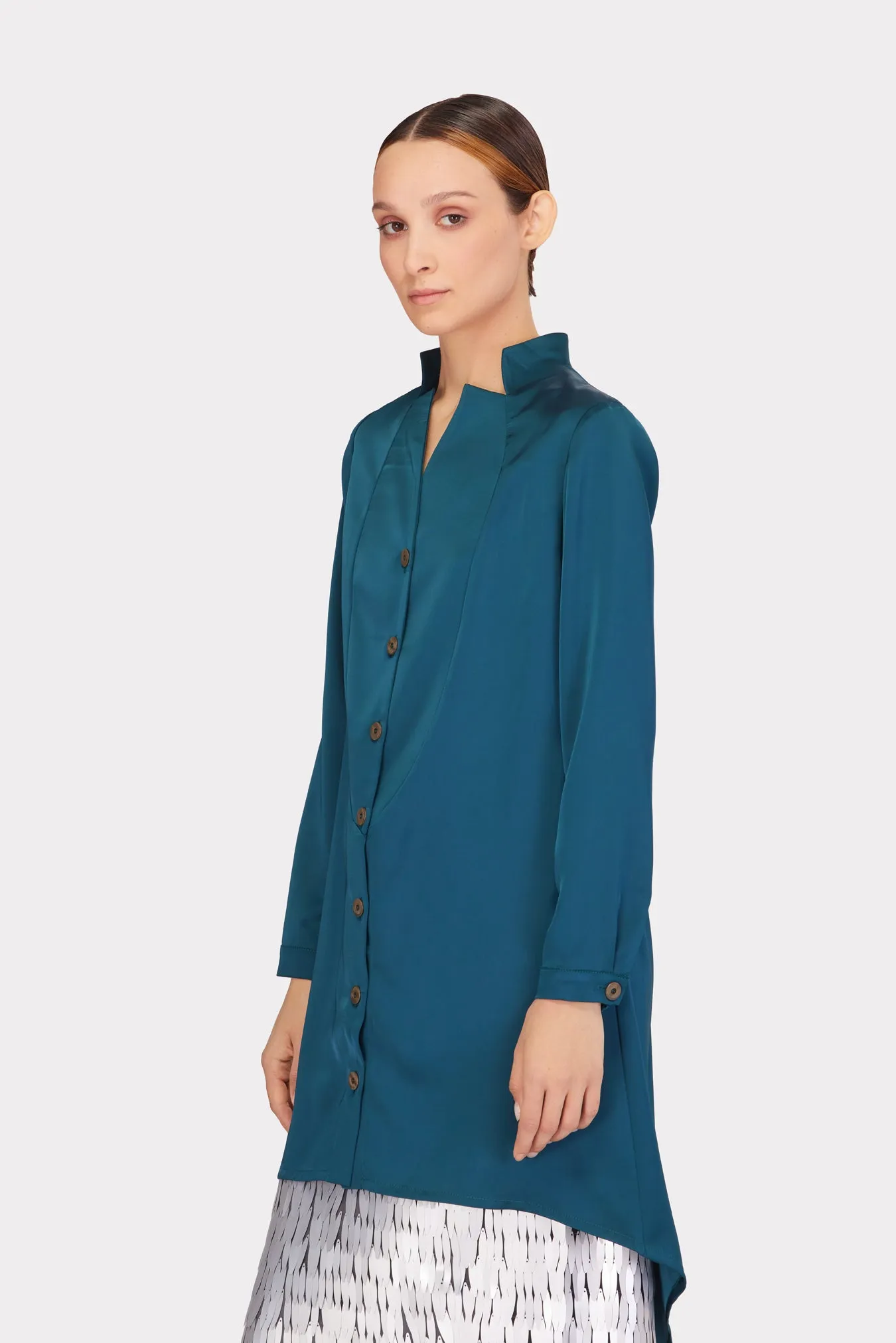 Long Satin Button-Down Blouse Emerald