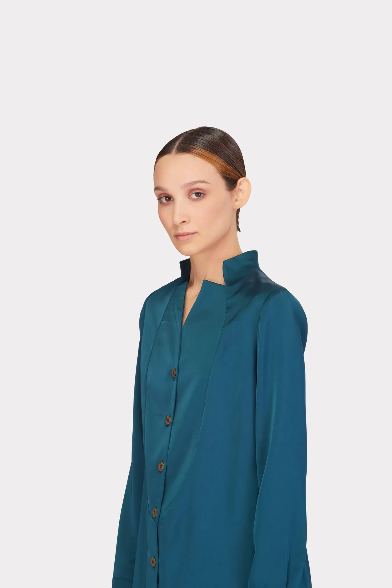 Long Satin Button-Down Blouse Emerald