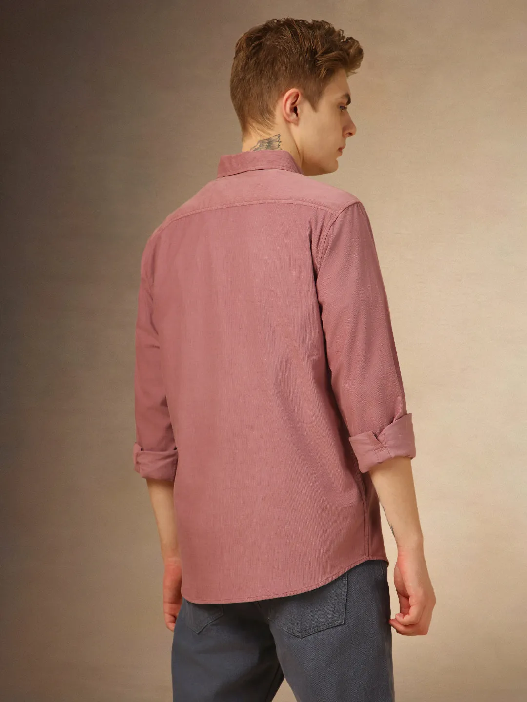 Men's Pink Solid Button Down Collar Full Sleeves Relaxed Fit Corduroy Shirt