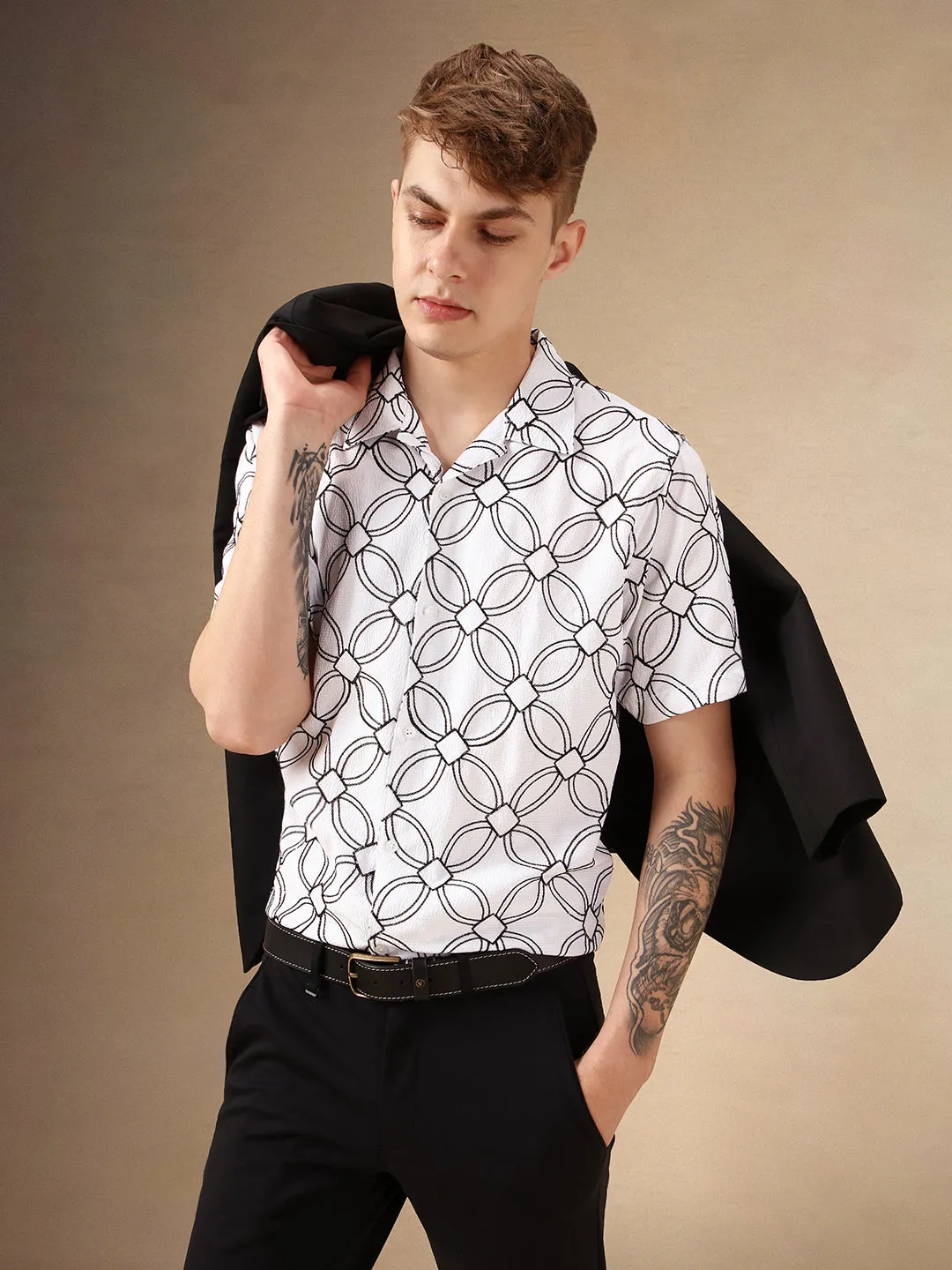 Men's White Printed Cuban Collar Half Sleeves Casual Shirt