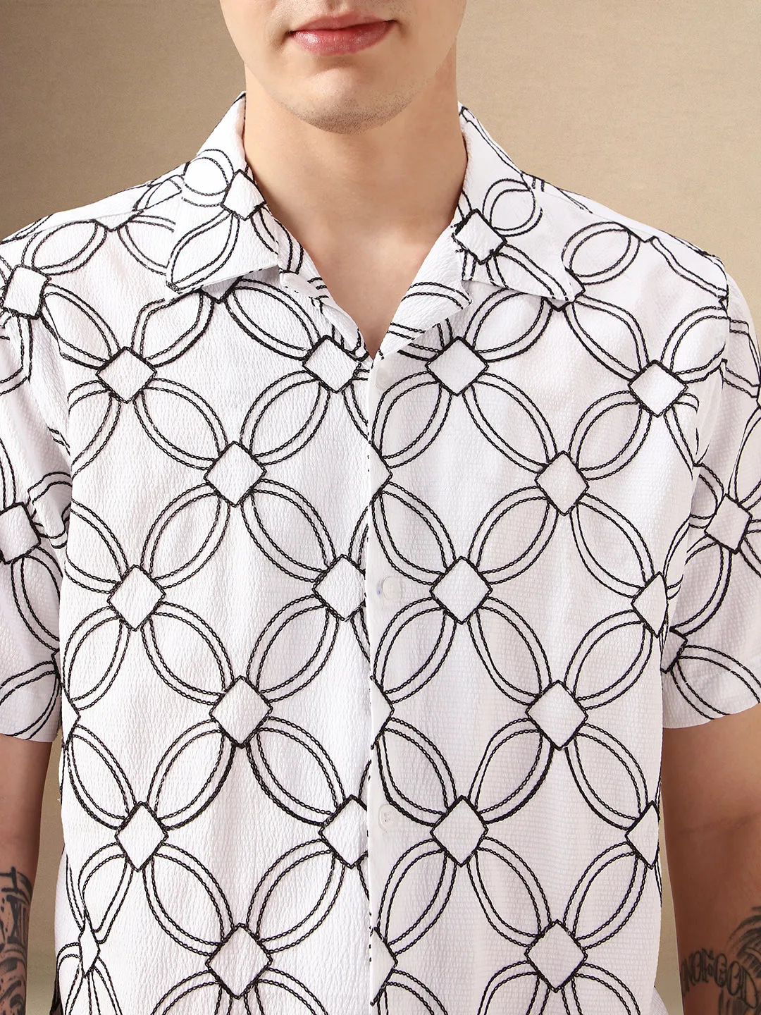 Men's White Printed Cuban Collar Half Sleeves Casual Shirt