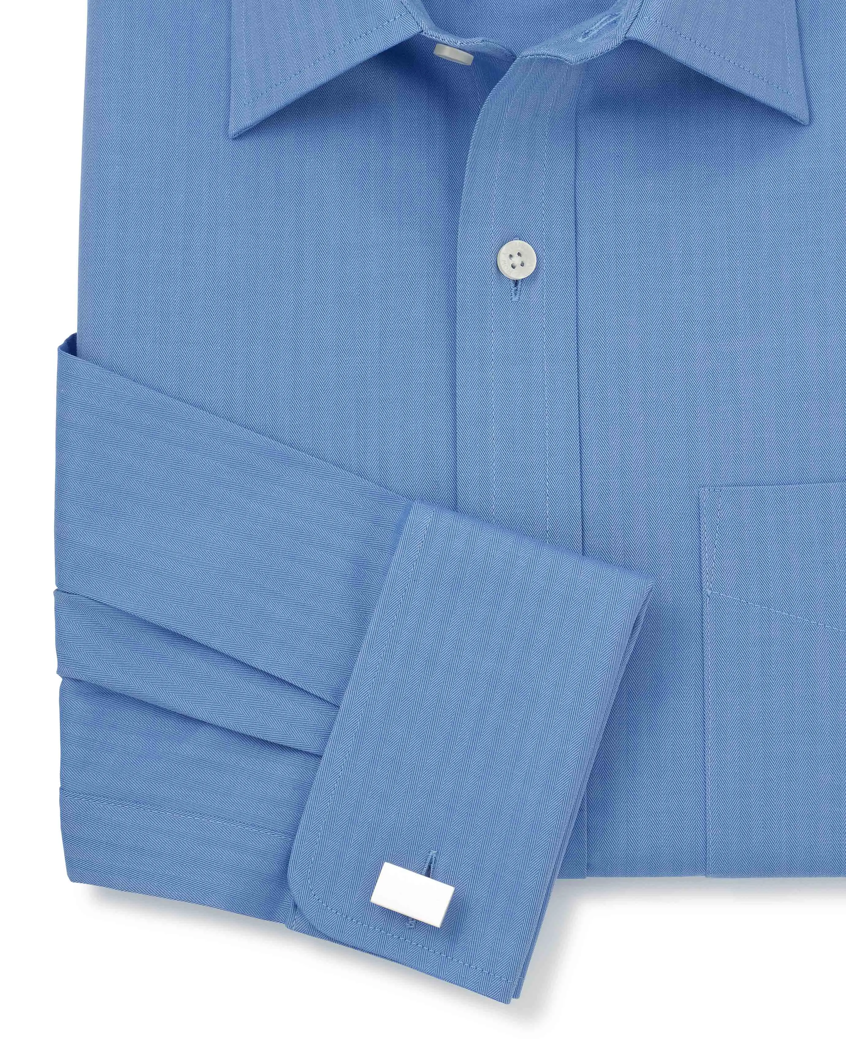 Mid Blue Herringbone Classic Fit Formal Shirt - Double Cuff