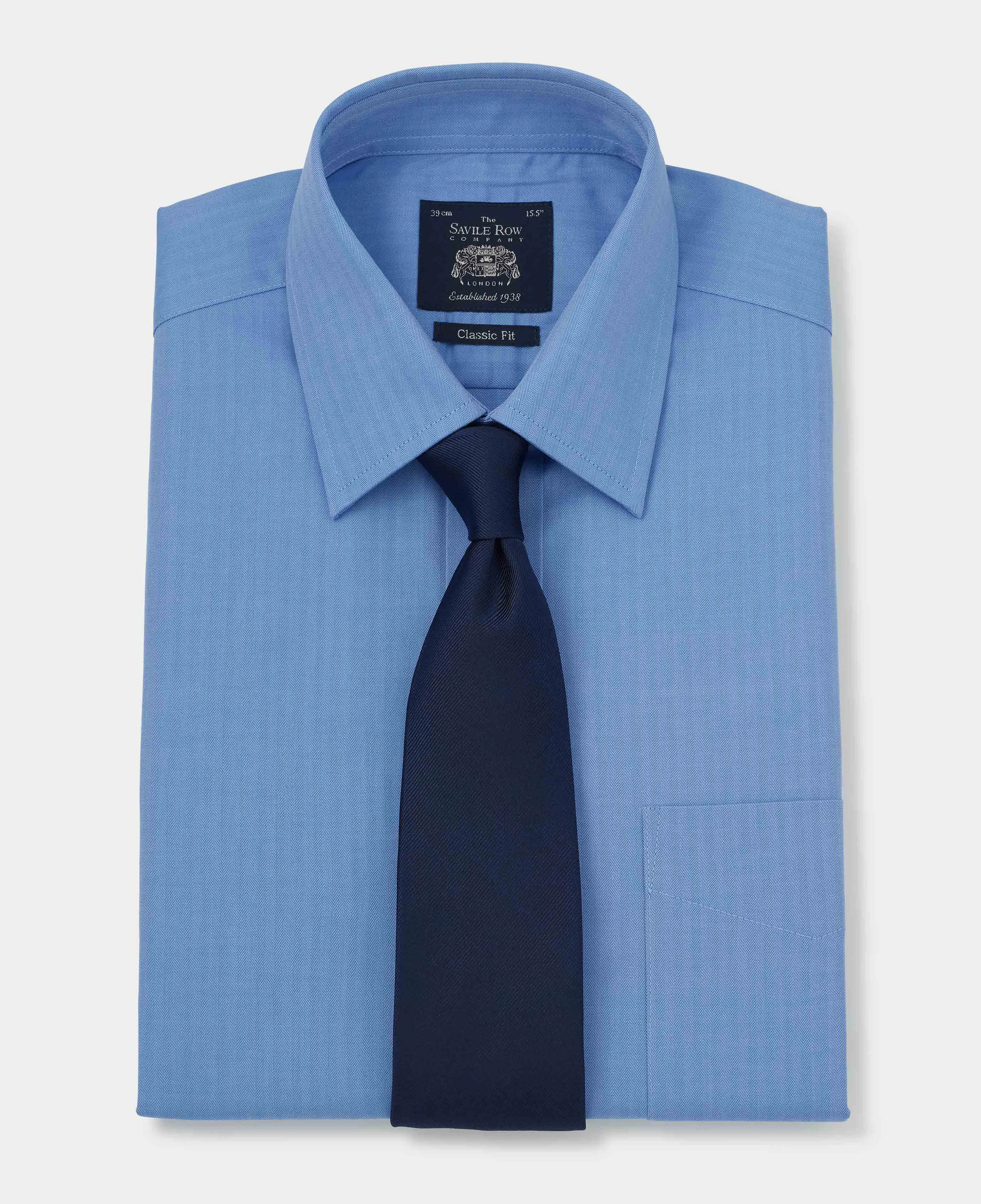 Mid Blue Herringbone Classic Fit Formal Shirt - Double Cuff