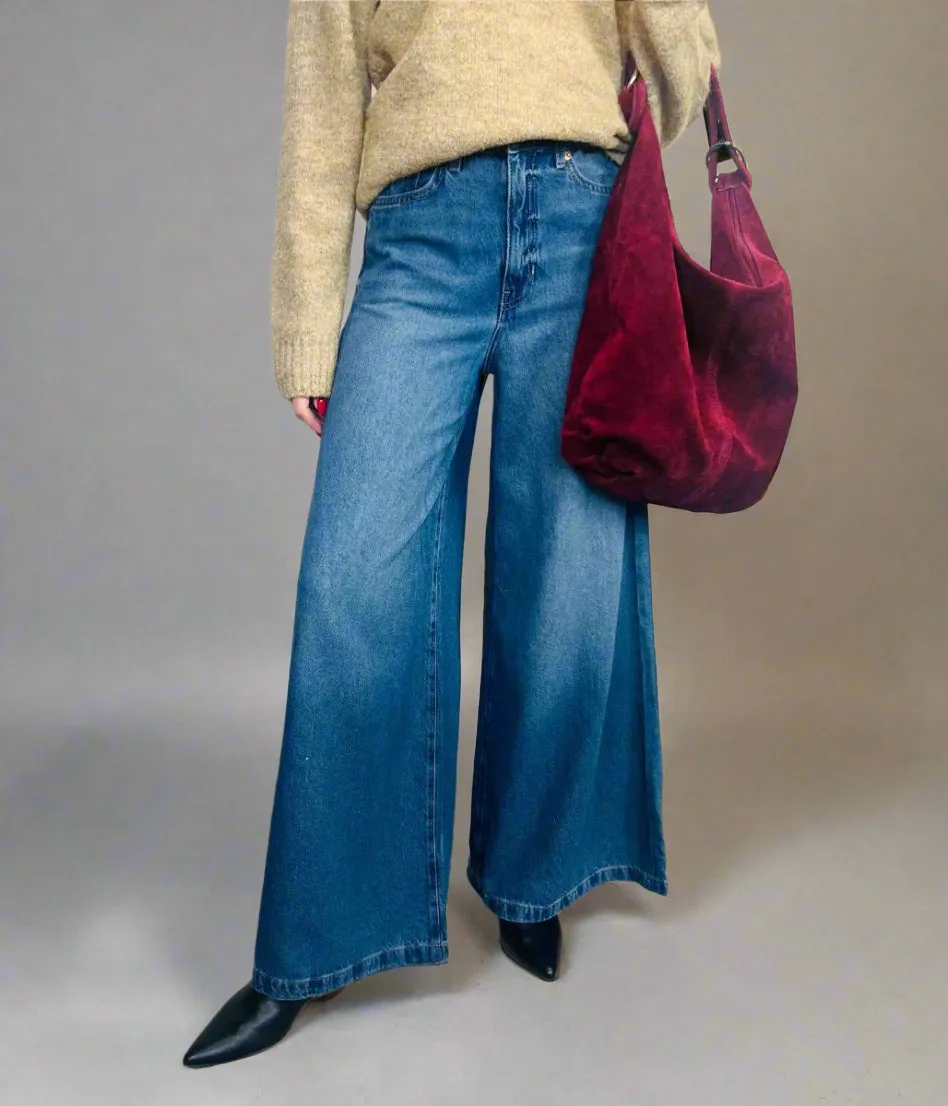 Mid Blue Lyocell Blend Palazzo Leg Jeans