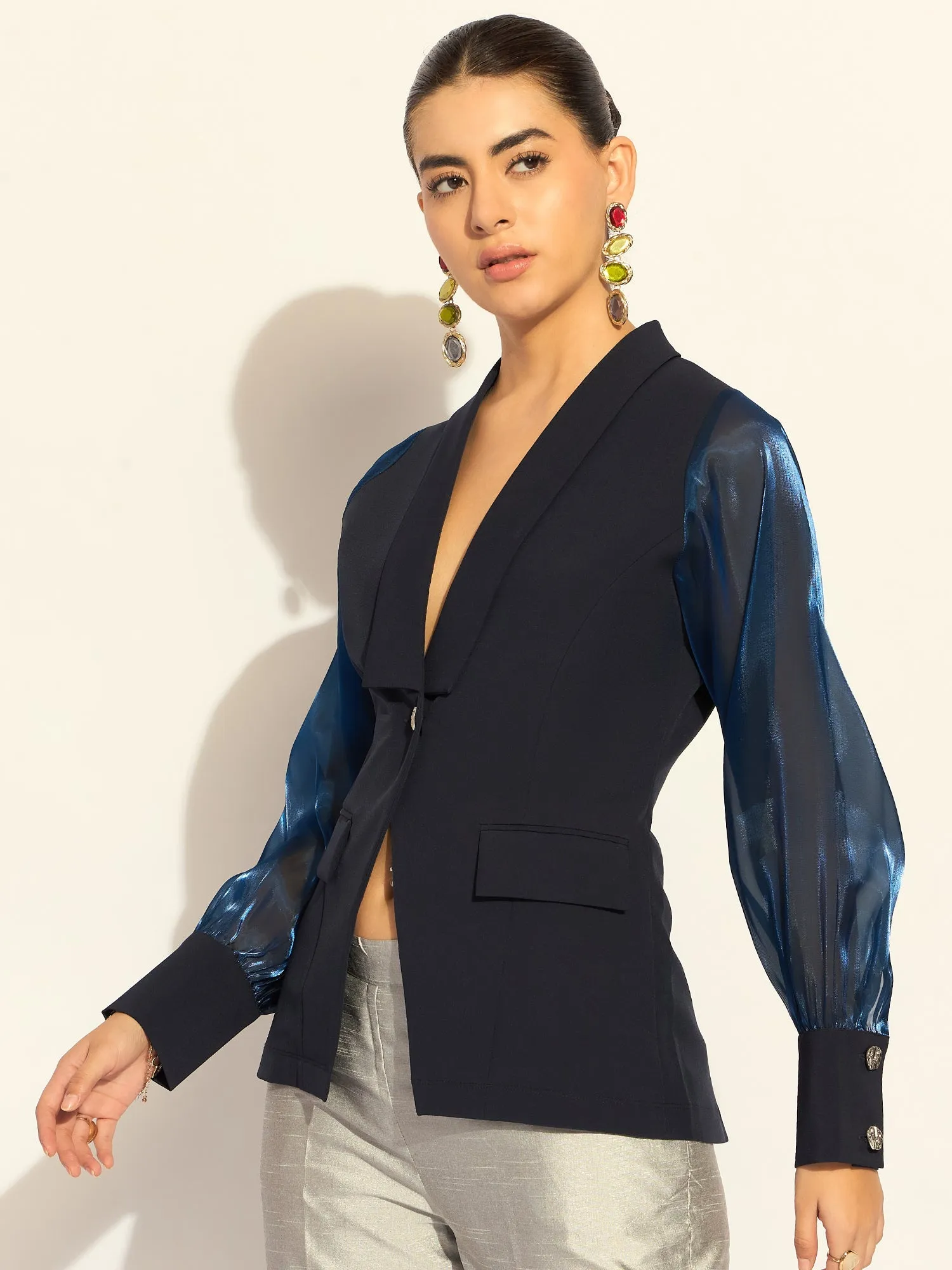 Navy Blue Polyester Puffed-Sleeves Split Joint Lapel Top