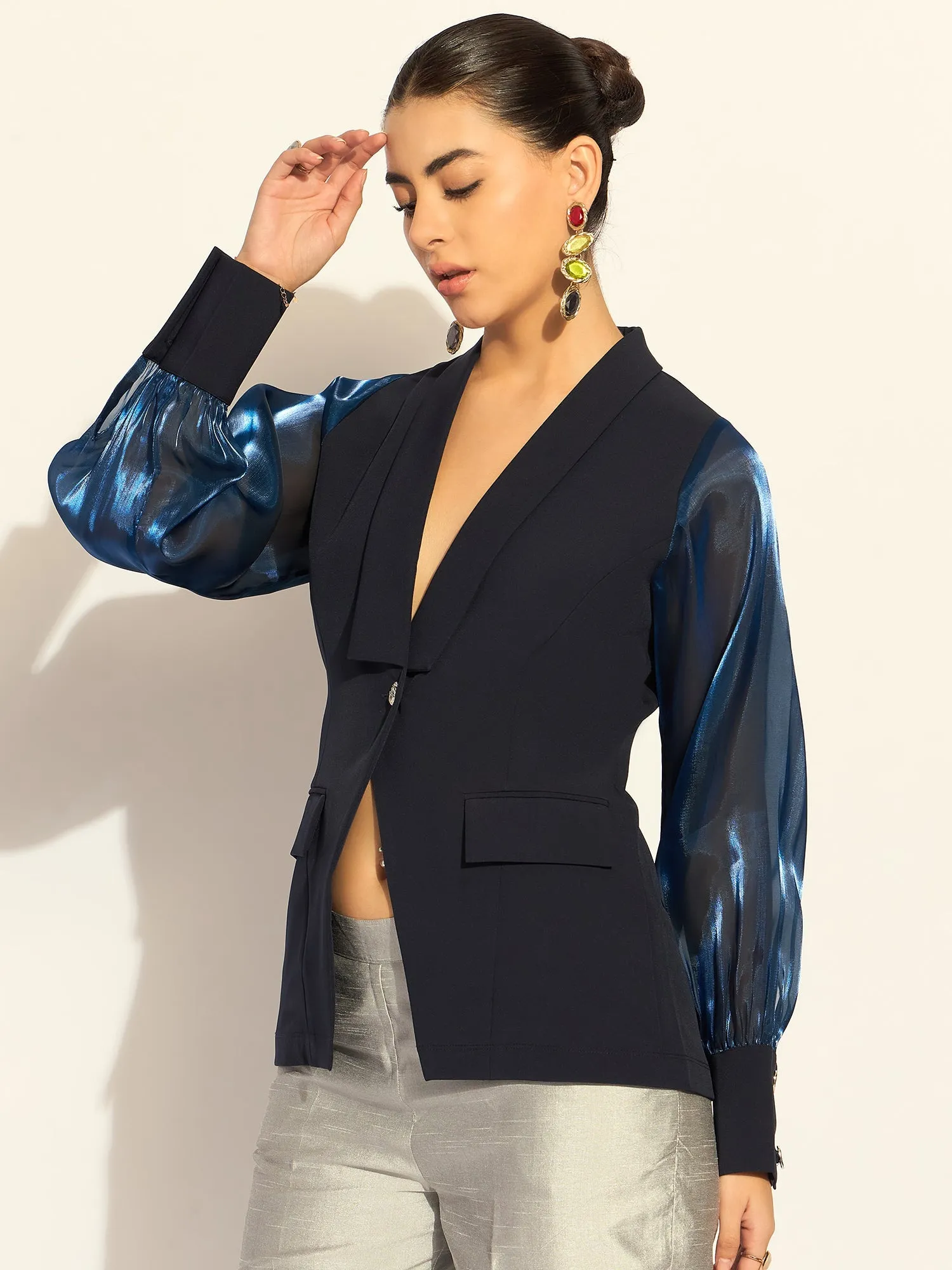 Navy Blue Polyester Puffed-Sleeves Split Joint Lapel Top