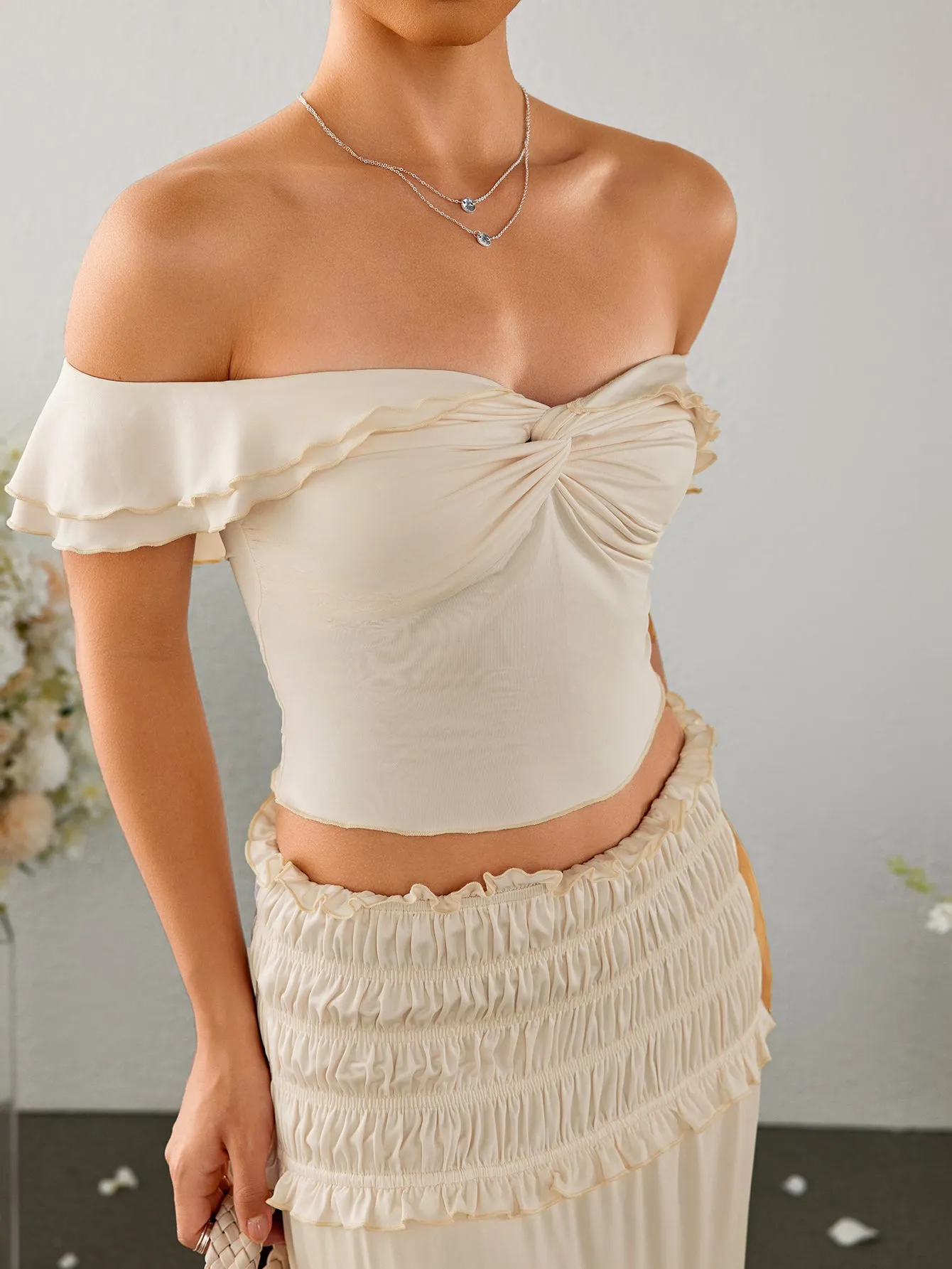 Off Shoulder Ruched Twist Front Top&Ruffle Low Waist Skirt