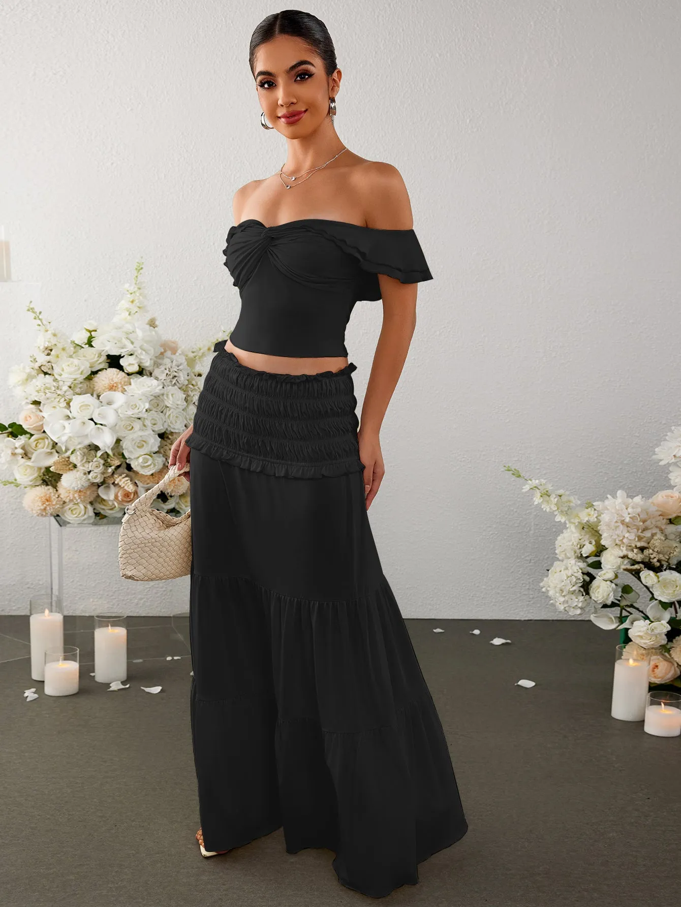 Off Shoulder Ruched Twist Front Top&Ruffle Low Waist Skirt