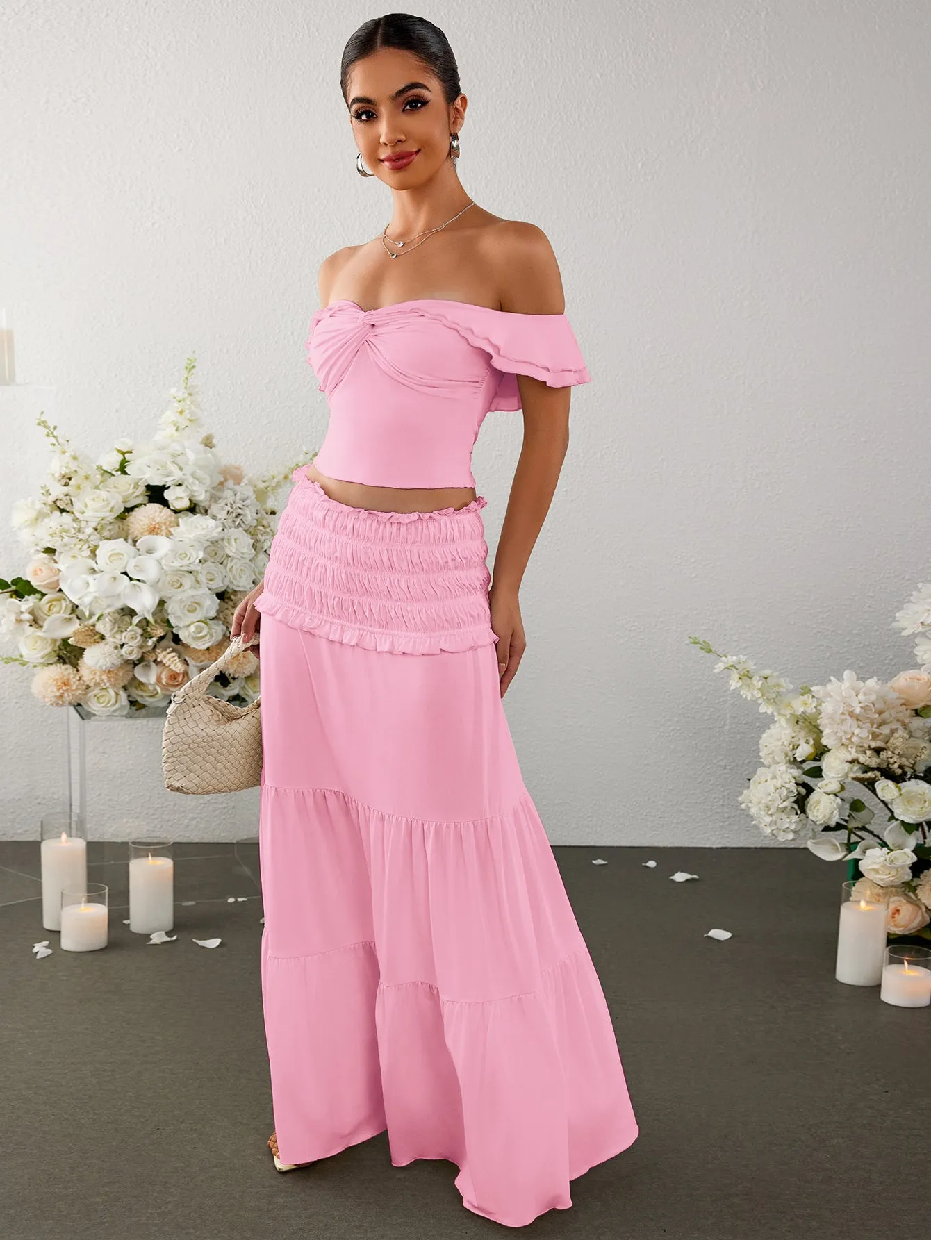 Off Shoulder Ruched Twist Front Top&Ruffle Low Waist Skirt