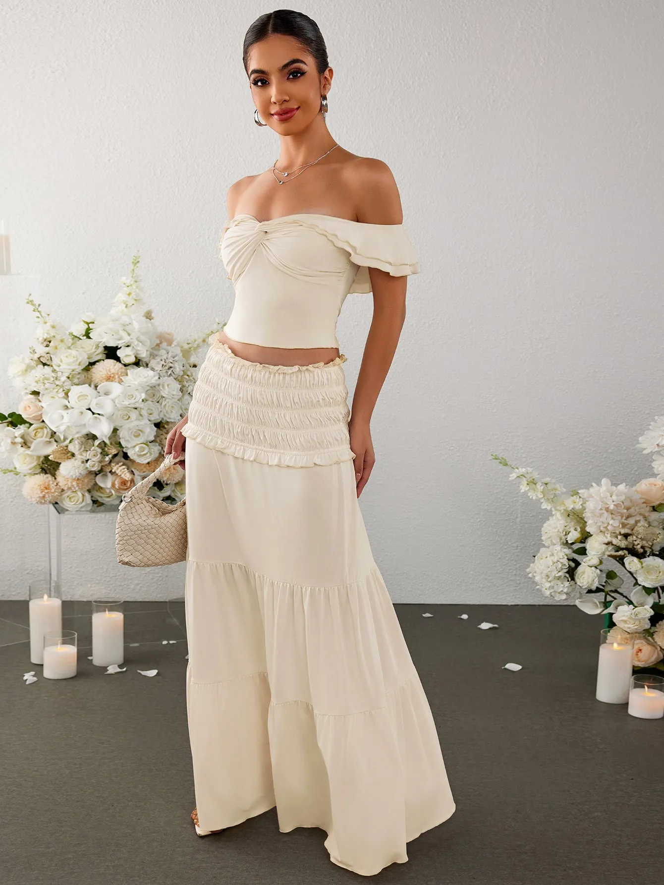 Off Shoulder Ruched Twist Front Top&Ruffle Low Waist Skirt