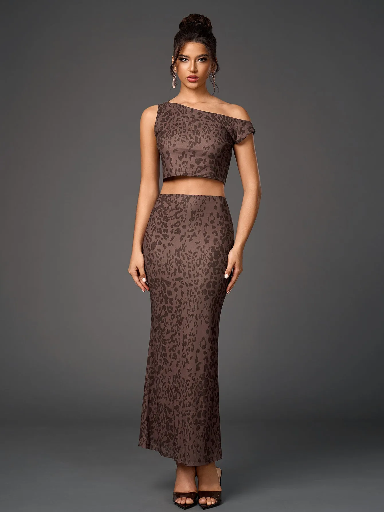 One Shoulder Draped Tie Backless Top&Mesh Print Bodycon Skirt