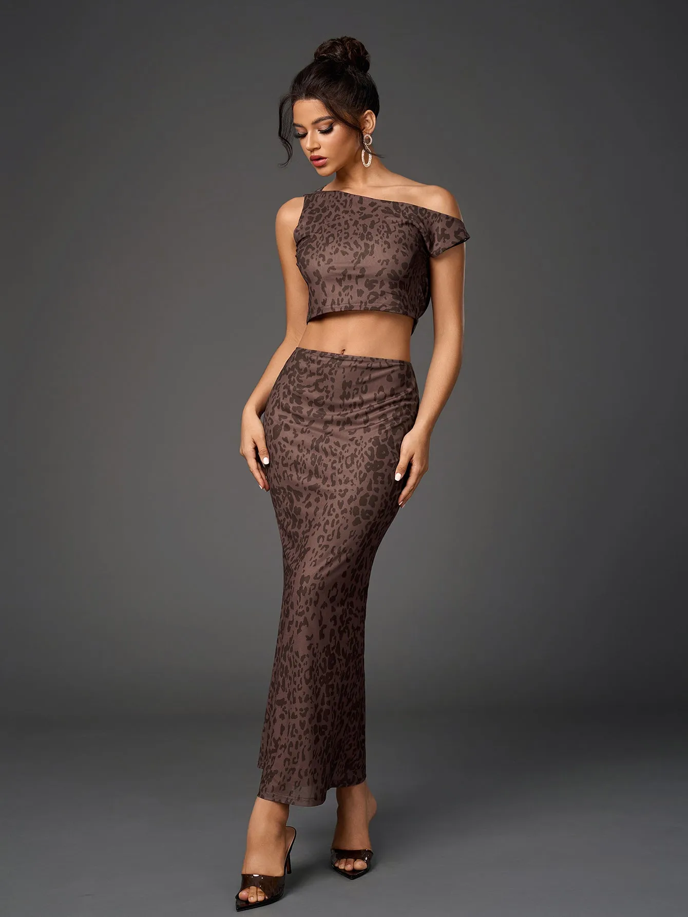 One Shoulder Draped Tie Backless Top&Mesh Print Bodycon Skirt