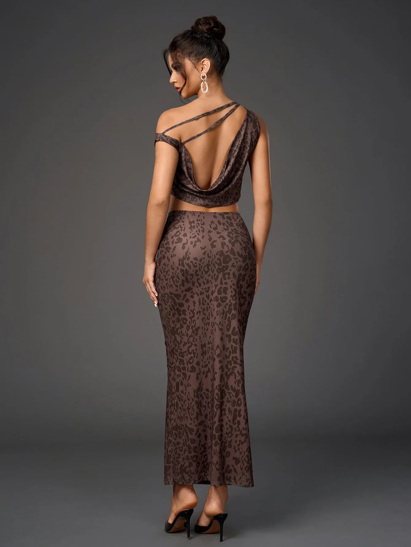 One Shoulder Draped Tie Backless Top&Mesh Print Bodycon Skirt