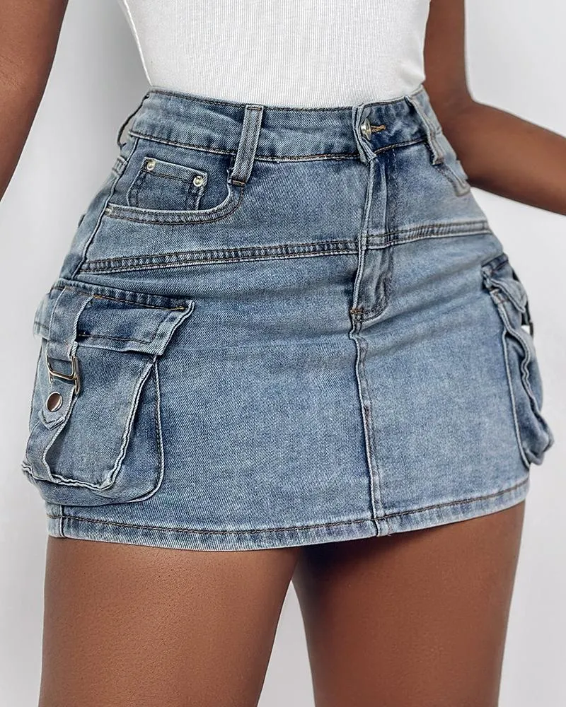 Pocket Design Buckled Denim Skirt