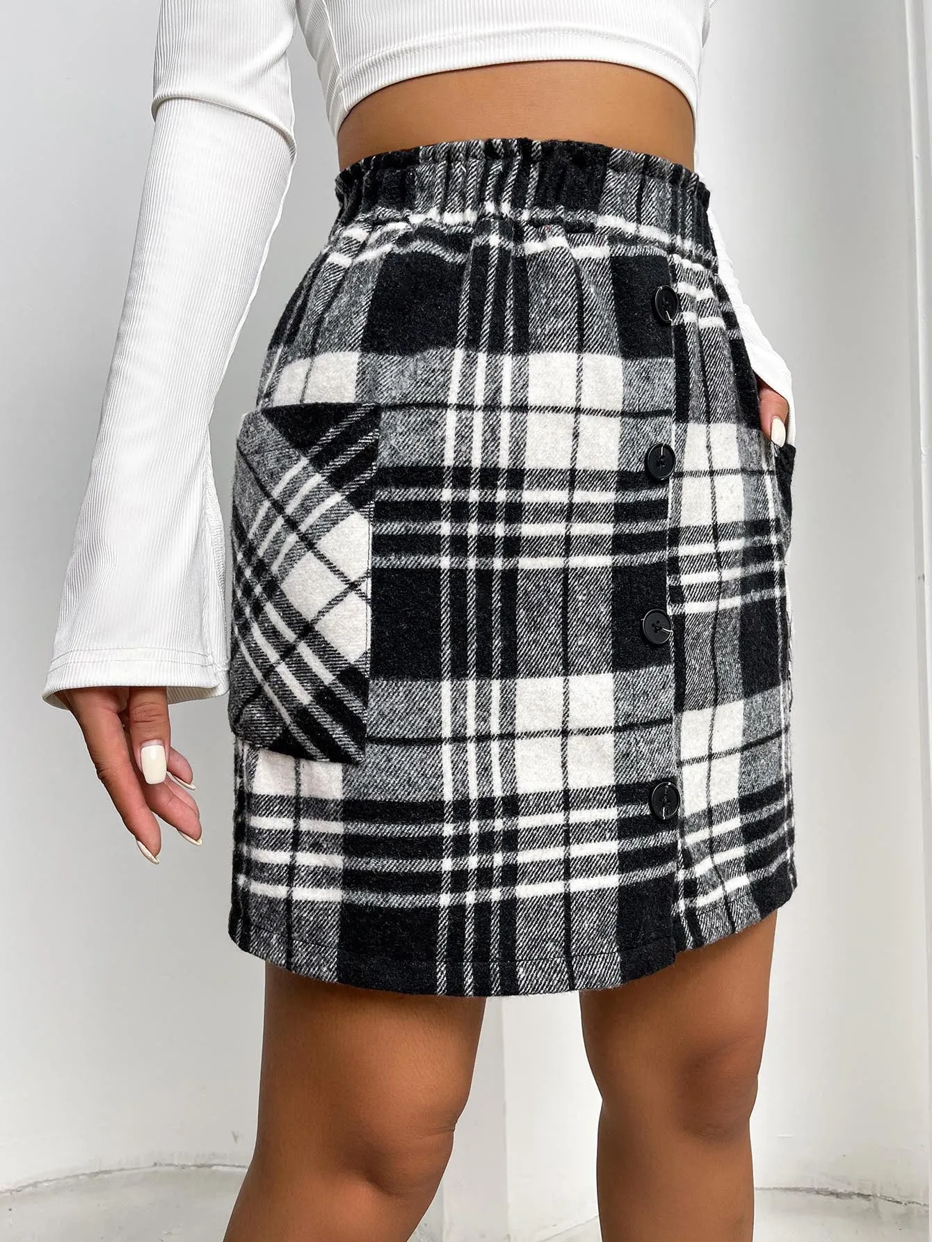 Preppy Plaid Button Front High Waist Short Women Skirt