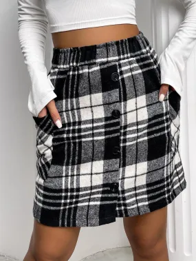 Preppy Plaid Button Front High Waist Short Women Skirt