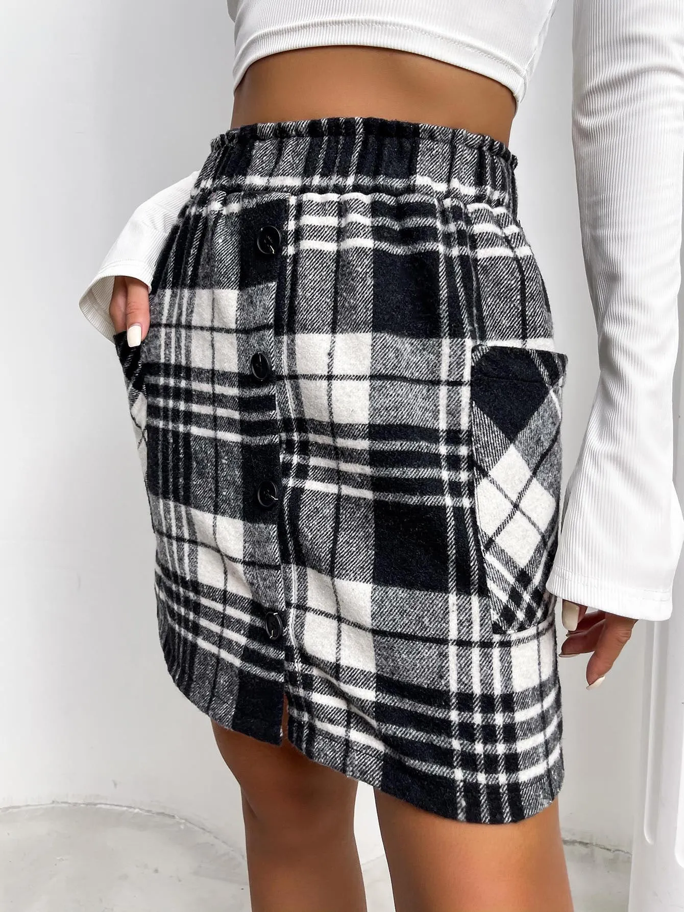 Preppy Plaid Button Front High Waist Short Women Skirt