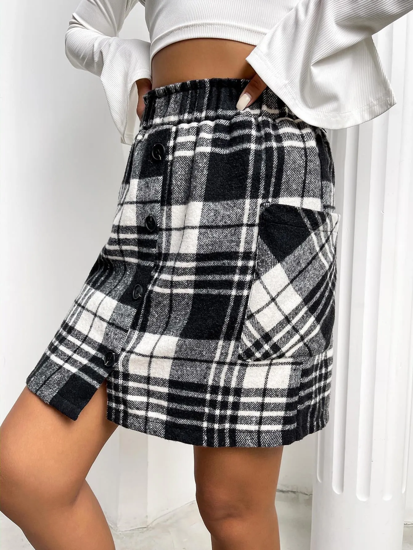 Preppy Plaid Button Front High Waist Short Women Skirt