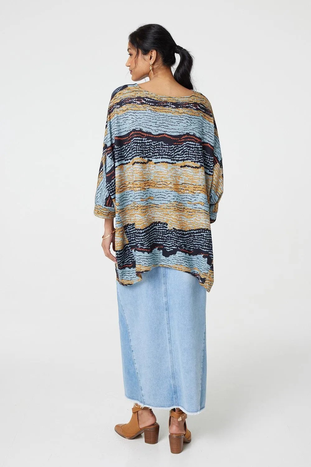 Printed 3/4 Batwing Sleeve Relaxed Tunic Top