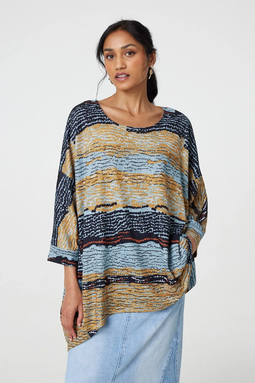 Printed 3/4 Batwing Sleeve Relaxed Tunic Top