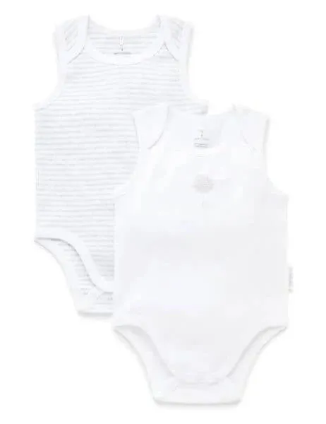 Purebaby Organic 2 Pack Singlet Bodysuit - White/Pale Grey Melange Stripe