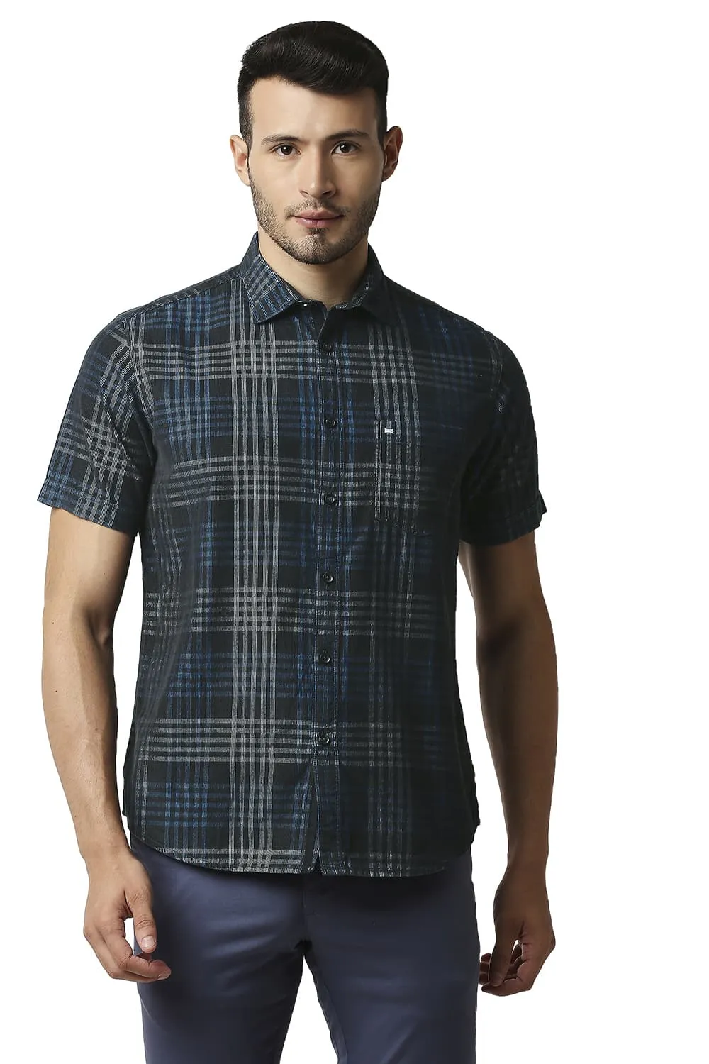 Slim Fit Corduroy Checks Halfsleeves Shirt