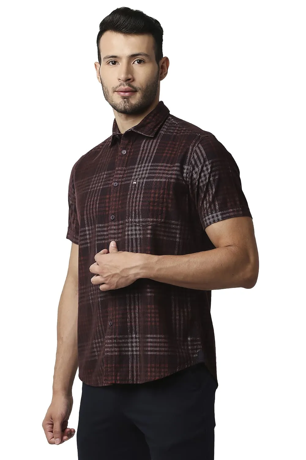 Slim Fit Corduroy Checks Halfsleeves Shirt