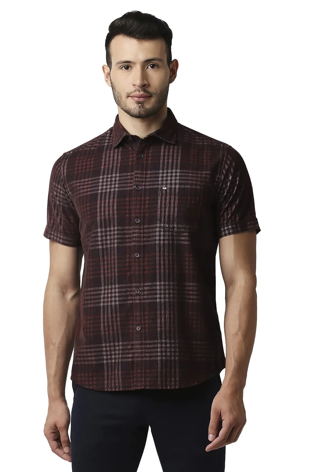 Slim Fit Corduroy Checks Halfsleeves Shirt