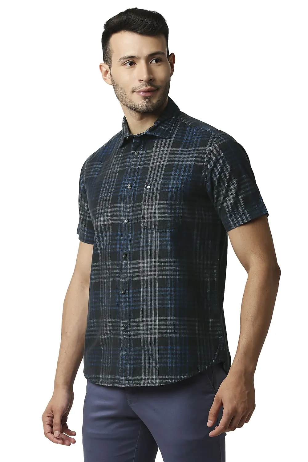 Slim Fit Corduroy Checks Halfsleeves Shirt